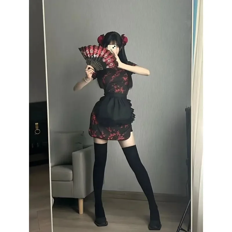 Sexy Slimming Chinese Style Cheongsam Dress with Apron National Trend Small Kitchen Girl New Modified Chinese Dress