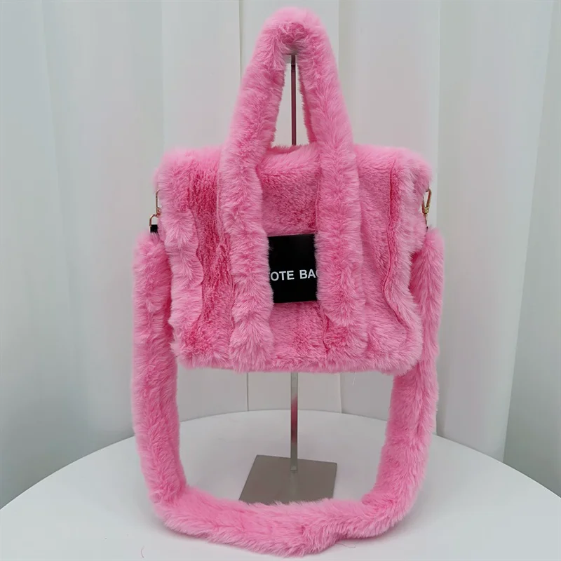 Fuzzy Pink Faux Fur Ladies Winter Handbag Brand Designer Fluffy Plush Sqaure Shoulder Purse 2023 Elegant Women\'s Tote Bag