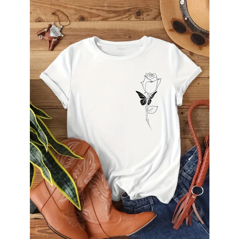 

2025 New Korean Rose Printed Women's Fashion T-shirt Casual Trend Y2K Summer Short Sleeved Street Plus Size Top