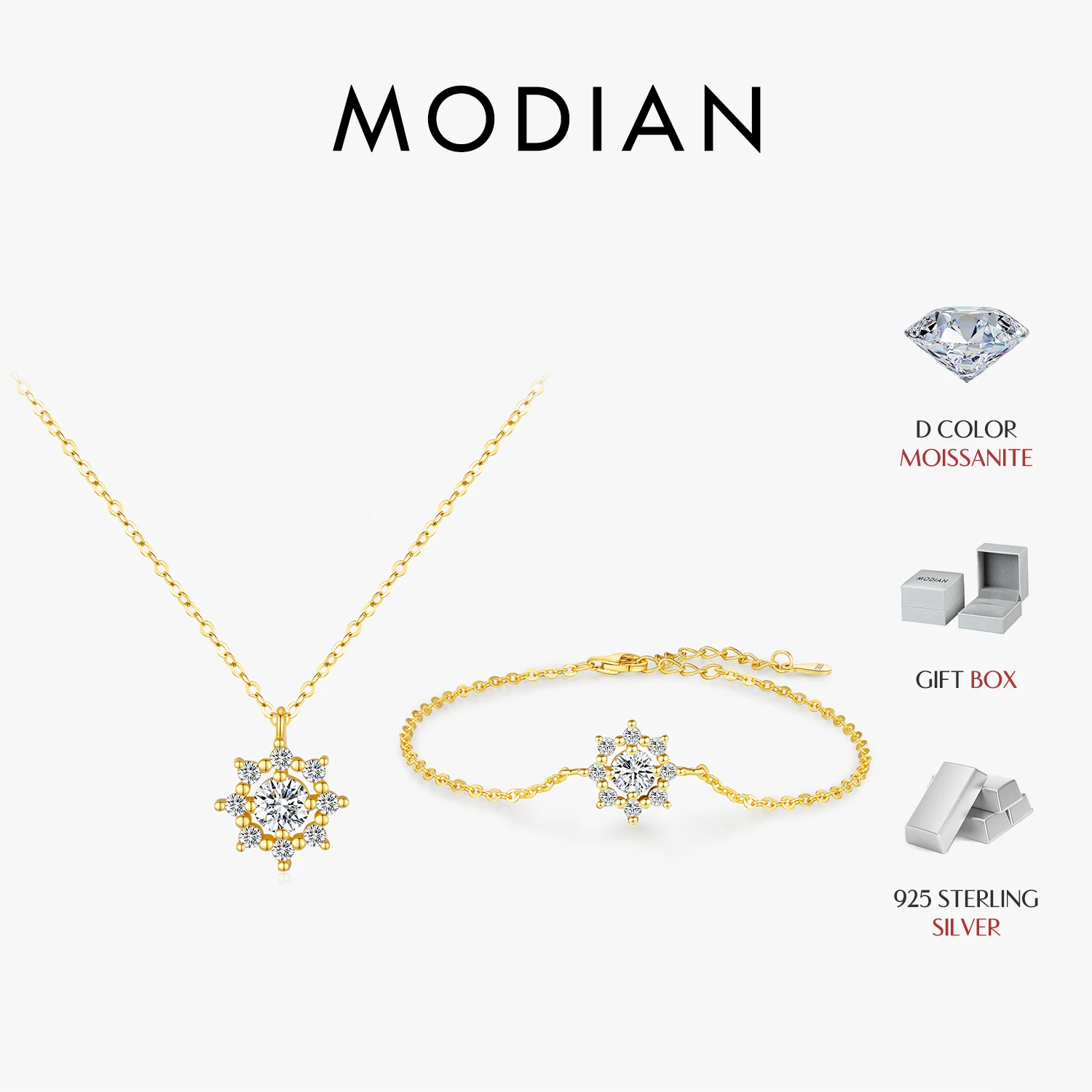 MODIAN D Color Moissanite 925 Sterling Silver Exquisite Snowflake Link Chain Pendant Necklace Bracelet For Women Jewelry Set