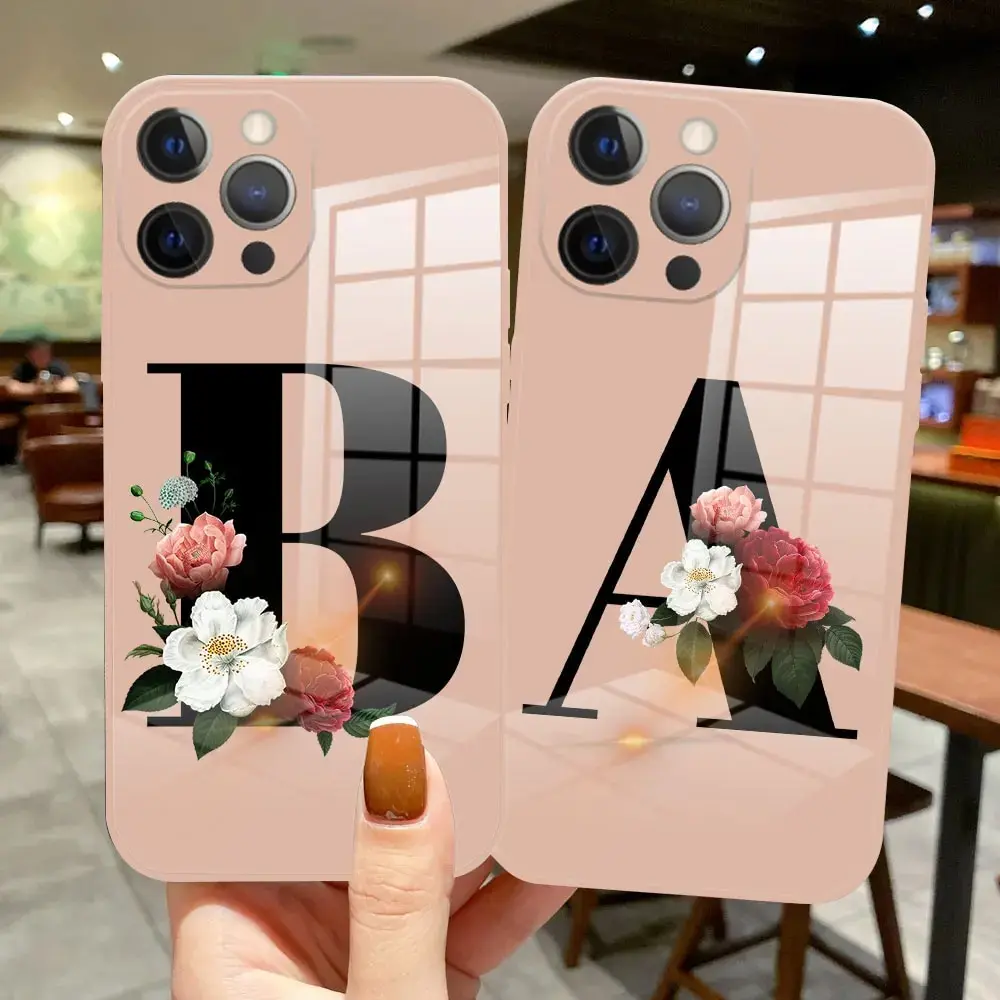 DIY Custom Surname Letter flower Fashion Phone Case For iPhone 13 Pro Max 12 Pro Max 12 Pro Mini luxury light pink Glass Cover