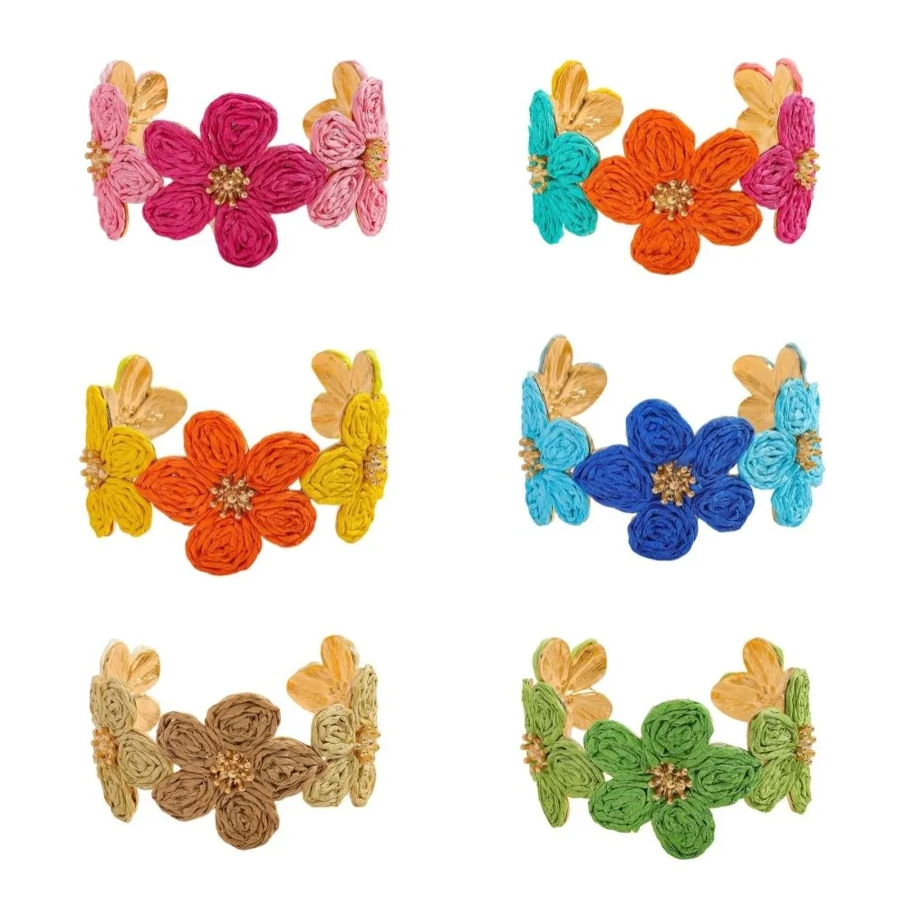 กำไลข้อมือหญ้าราฟเฟียสีสันสไตล์เรโทร กำไลดอกไม้สานรูปตัว C สไตล์วินเทจ แหวนโลหะผสมแฟชั่น ของขวัญ