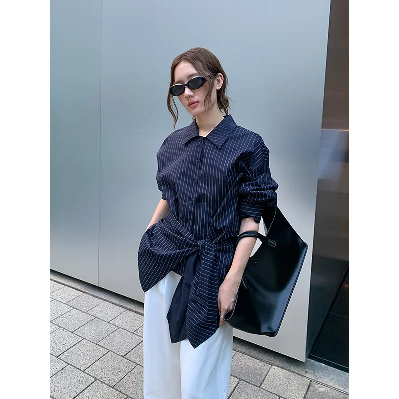 2025 Strap-on Striped Long-sleeved Shirt Women's Autumn New Pure Cotton Shirt Europe and America