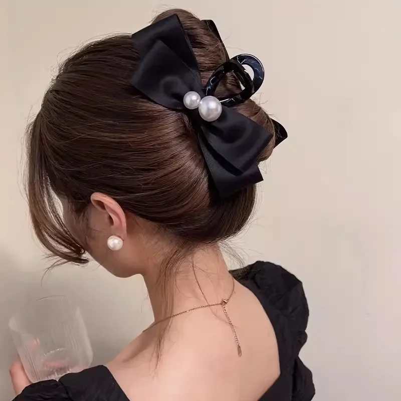 Exquisito lazo grande con perlas, Clip grande y elegante con cola de caballo de cangrejo, pinza trenzada, accesorios para el cabello para chica