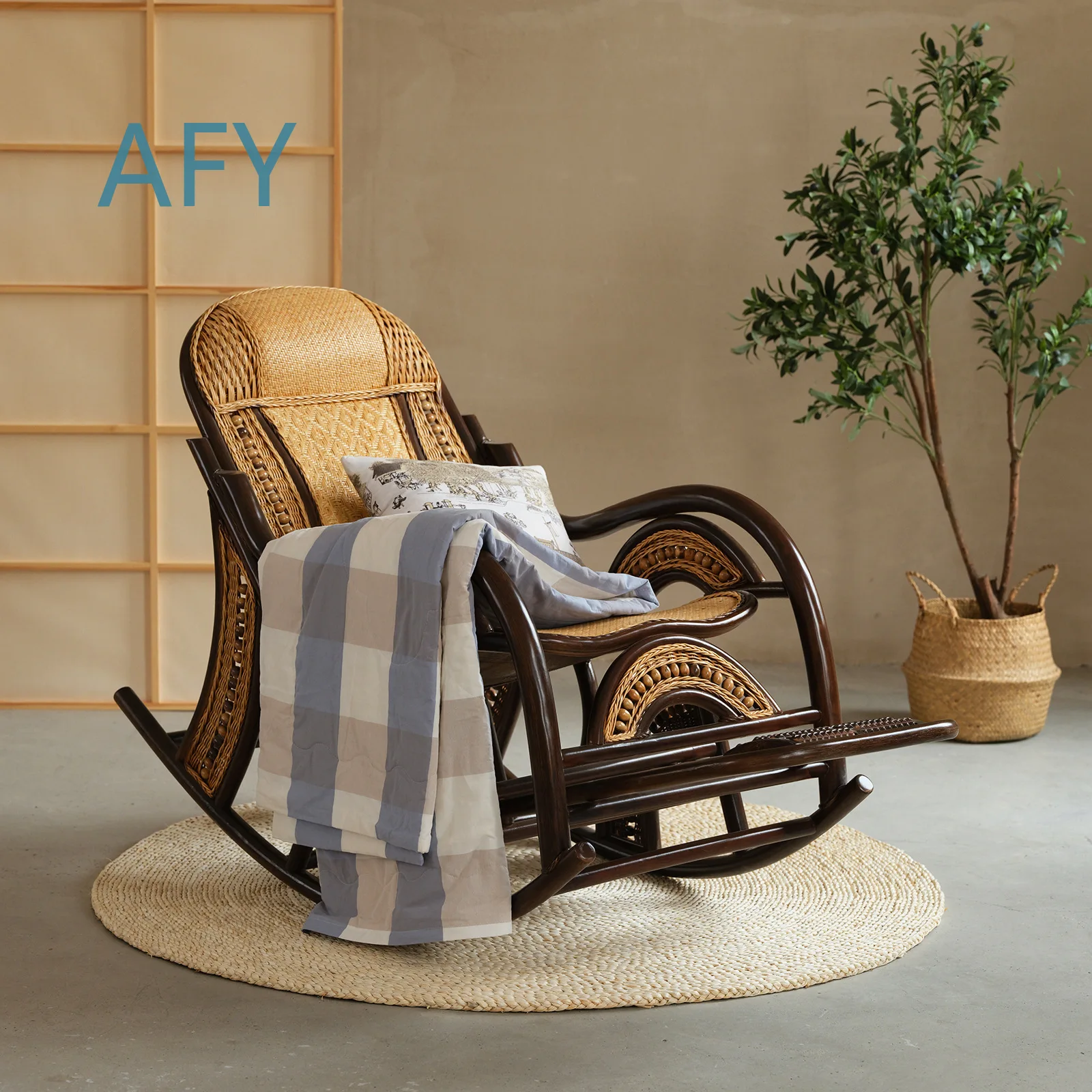 Wicker Rocking Chair for Outdoor Balcony Relaxation Natural Rattan Lounge Chair for Home Use Elderly Comfort Reclining Chair