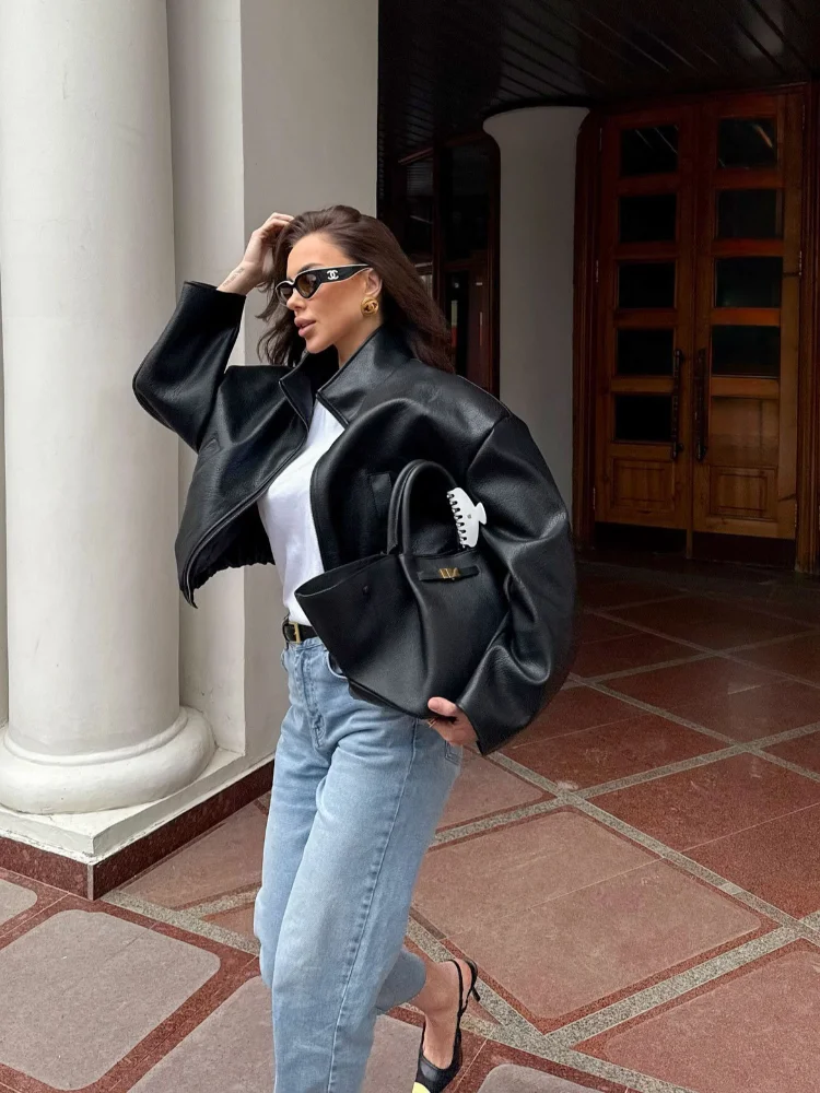 ソリッドブラックラペルショートレザージャケット女性ファッションスタンドカラーフルスリーブジッパーコーチジャケットレディシックストリートアウター