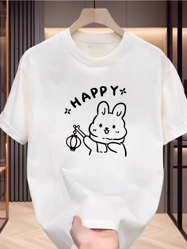 

Cute and Happy Little Rabbit Printed T-shirt Short Sleeve Round Neck Casual Fashion Daily Versatile Women's T-shirt