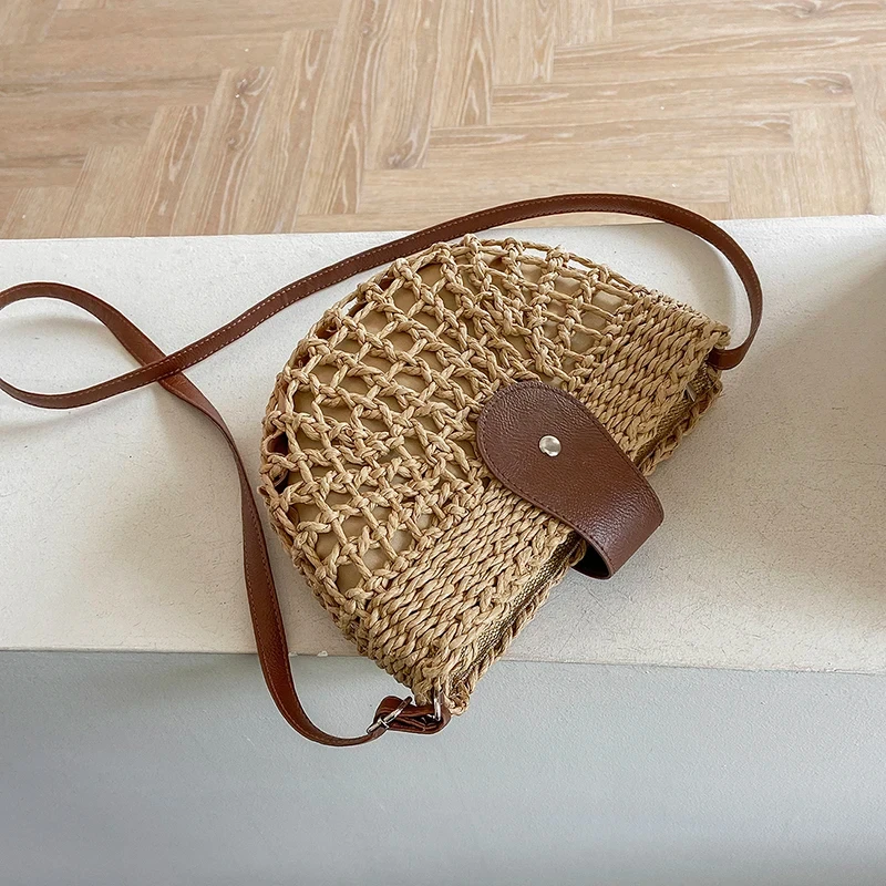 JIOMAY Summer Straw Bag 2024 Women Fashion Designer Handbags Lady Solid Color Weave Beach Shoulder Bag Hollow Out Half Round Bag