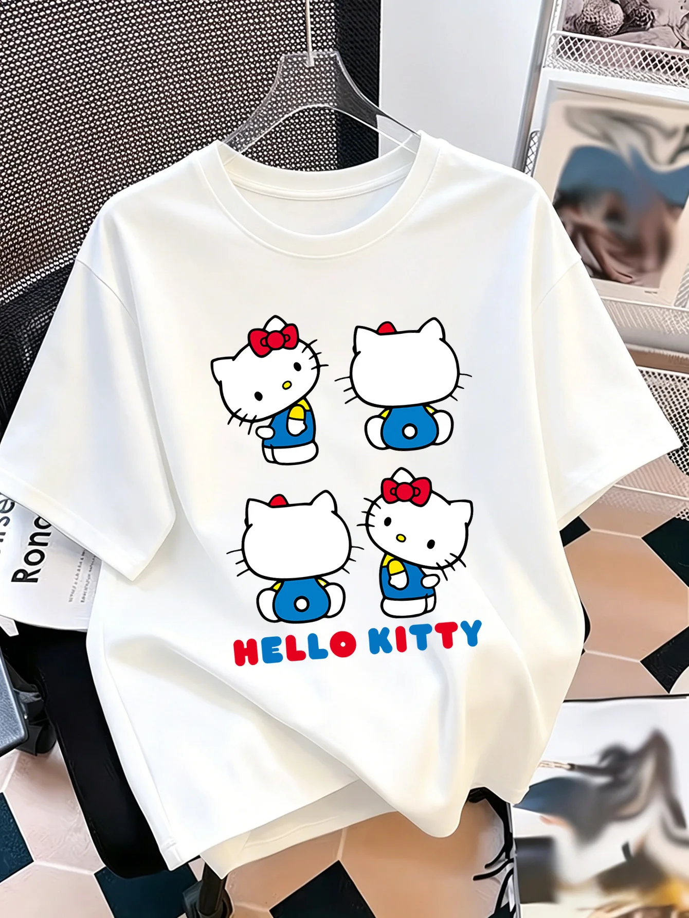 Street Trend Cartoon Printed Impact Creative Kitty Cotton Comfortable T-shirt Children Parent Child Casual Top Shirt Men Women