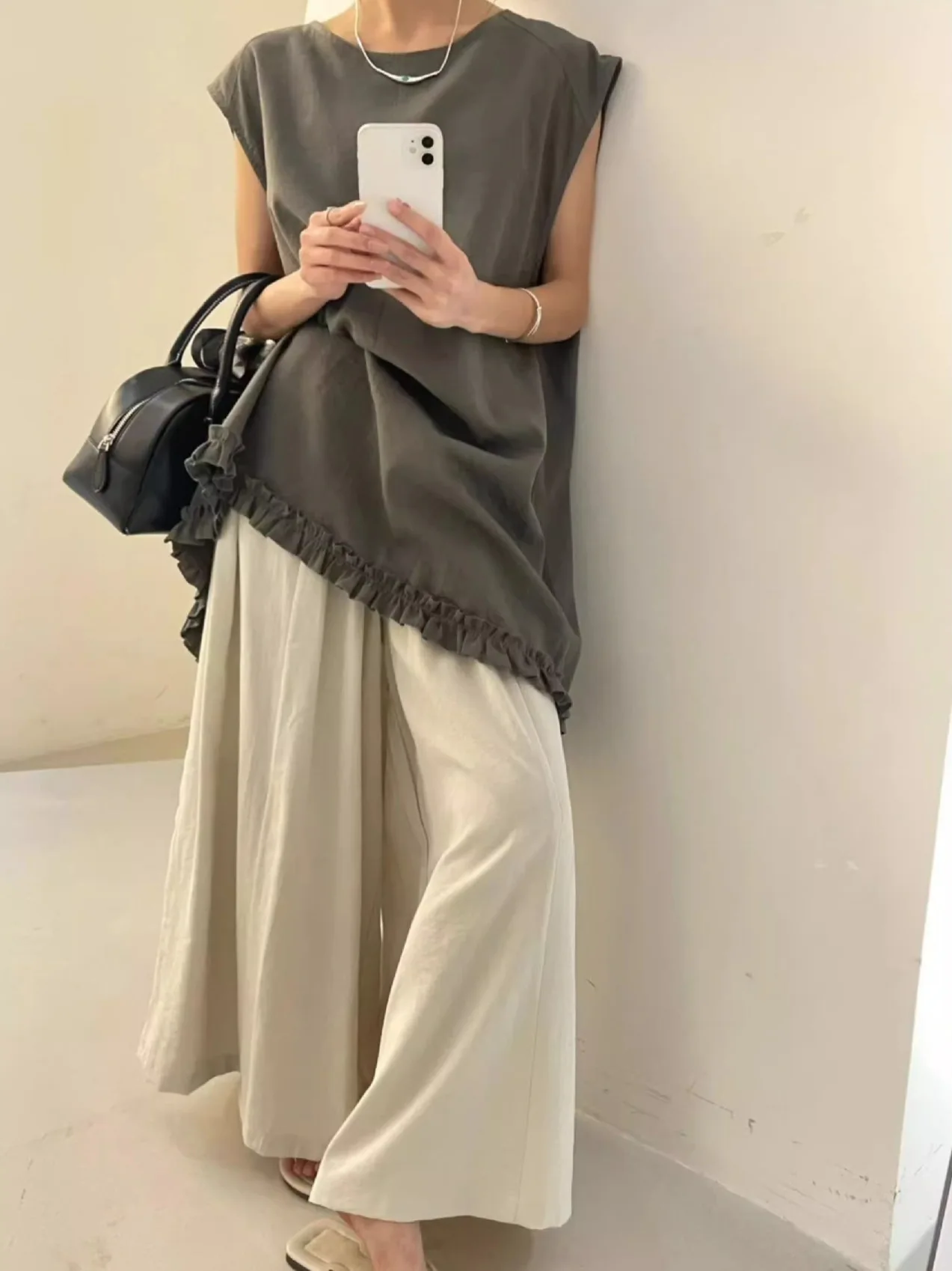 ワイドレッグパンツ ブラウン レディース 春 レディ モーダル ピーチミルキー バンチドパンツ パーソナライズされたバンド付き衣類 アメリカンスタイル レトロ