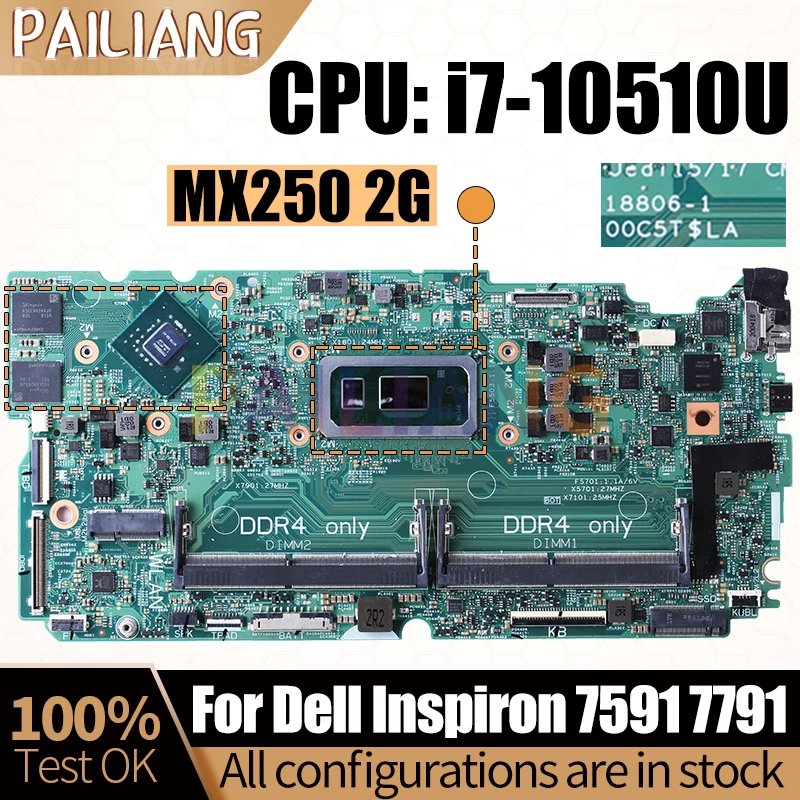 18806-1 For Dell Inspiron 7591 7791 Notebook Mainboard i5-10210U i7-10510U MX250 2G 0850TM 0FJ7F9 Laptop Motherboard