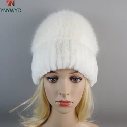 Russia Lady Winter Real Fur Hat Women Warm Knitted Genuine Rex Rabbit Fur Hat Top Natural Fox Fur Bomber Caps Rex Rabbit Fur Cap