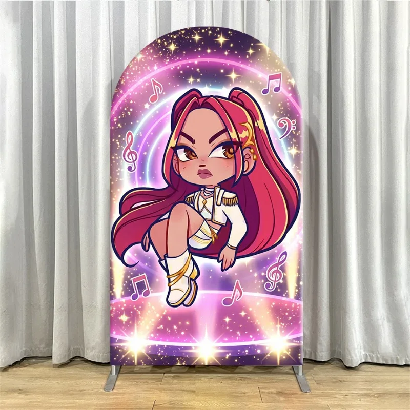 Non Elastic Kpop Demon Hunters Arch Backdrop Cover Single-layer Galaxy Theme Birthday Backdrop Set with Animated Characters
