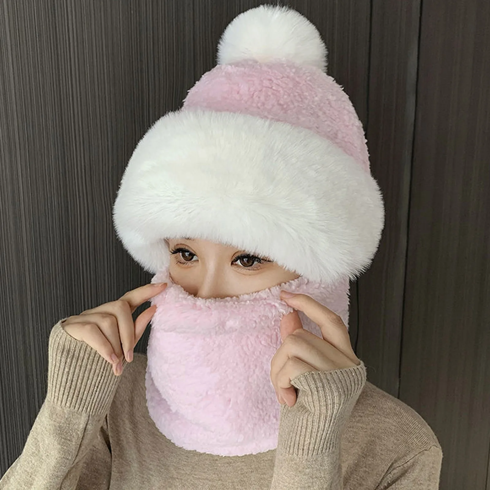 

Women Fluffy Beanie Hats Winter Fleece Thicken Windproof Solid Color Scarf Hat Pompom Thermal Warm Comfortable Soft Cycling Hats