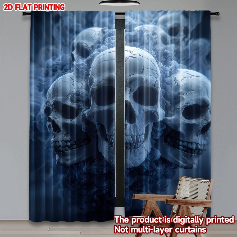 

2D flat printing 2pcs Party Curtain Halloween Skull and Smoke Digital Printed Polyester Drapes Holiday Decorations Perfect for