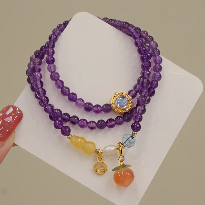 Fashion Three-Circle Crystal Bracelet Women's Ins Trendy Korean Style Citrine Amethyst Design Internet Celebrity Hand Jewelry