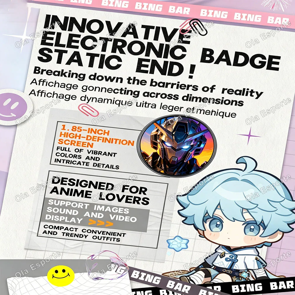 Ola Esporte GIF Dynamic Anime Smart E-Badge Photo Video Player Video Playing Rainbow Light Pictures Game Smart Electronic Badge