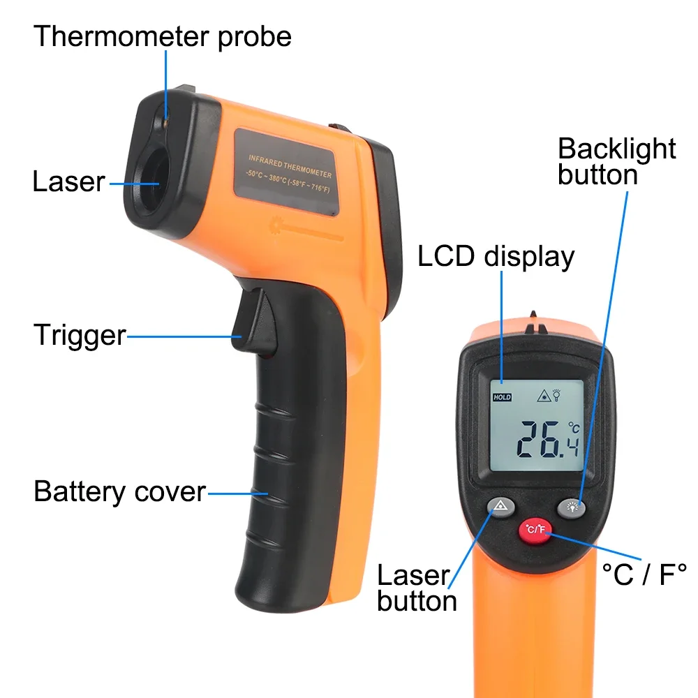 GM320 الرقمية-50 ~ 380 ° C C/F مقياس درجة الحرارة بالليزر بندقية البيرومتر الصناعي بالأشعة تحت الحمراء عدم الاتصال ميزان الحرارة بالأشعة تحت الحمراء ﻿