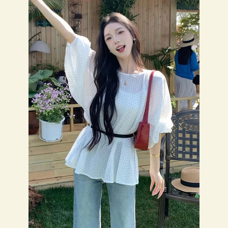 

Women Summer Simplicity Loose White Polka Dot O-neck Short Sleeve Chiffon Shirts Ladies Fashion Office Lady All-match Trend Tops
