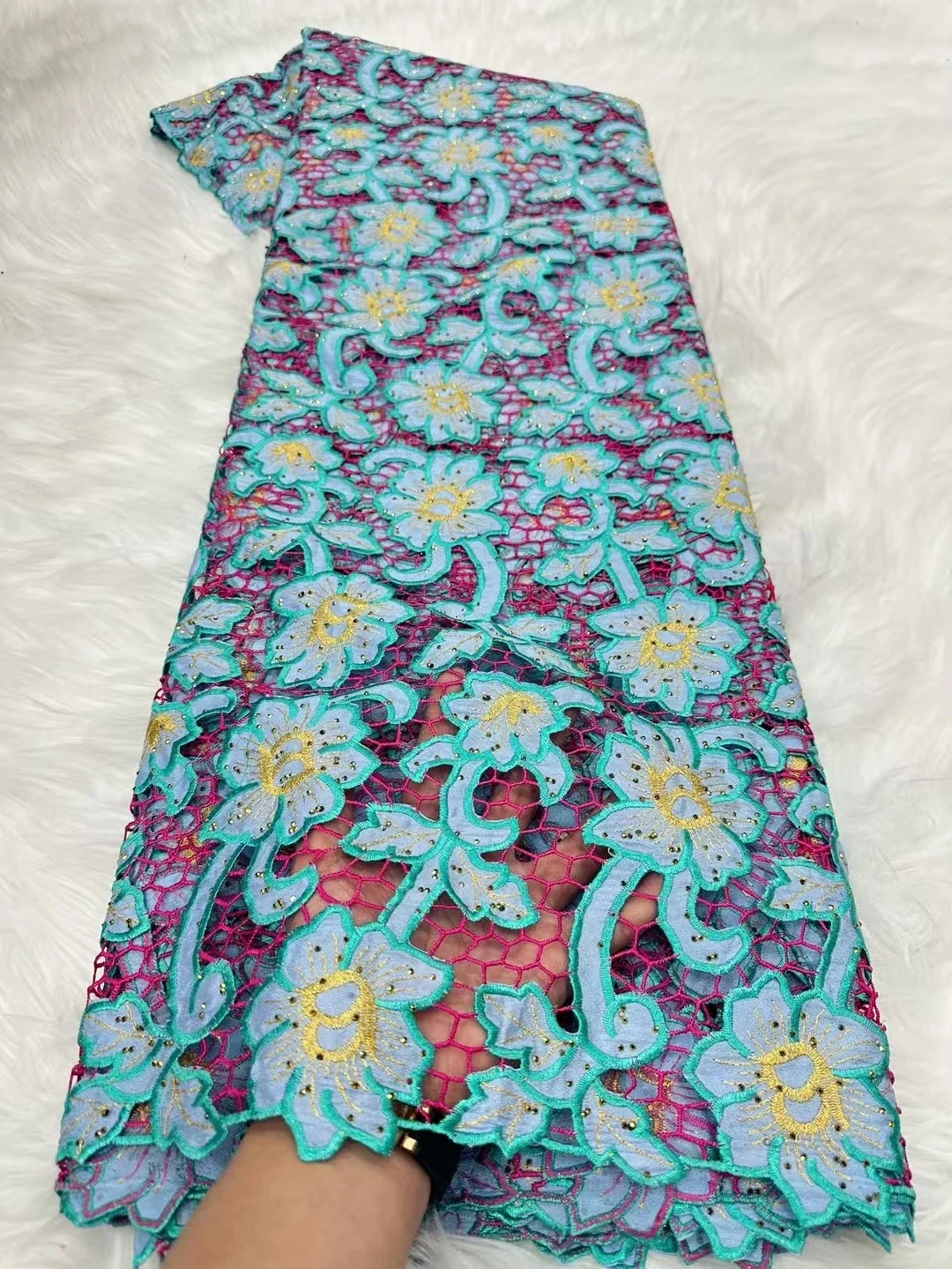 

Latest Laser African Cord Lace Fabric With Stones 2025 High Quality French Nigerian Guipure Lace Fabric For Women Dress PYC2507
