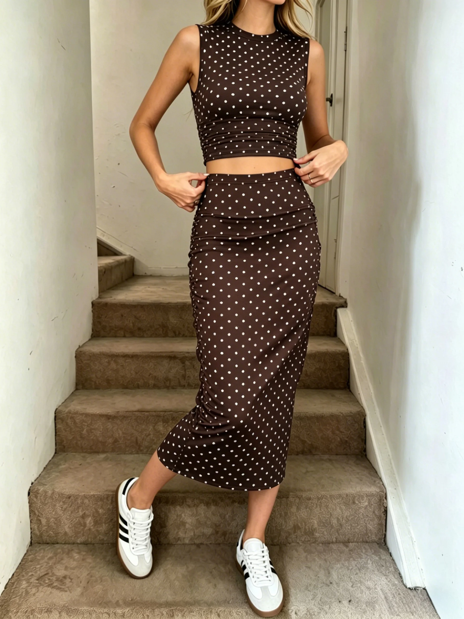 Women Polka Dot 2 Pcs Set Slee - Crop Top Crochet ulasan dan harga