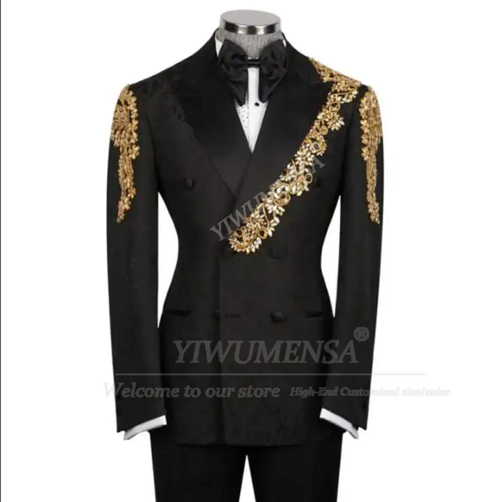 

Rhinestones Beaded Suit Men Double Breasted Jacket Trousers 2 Piece Groom Banquet Dinner Party Wedding Tuxedos Floral Outfits