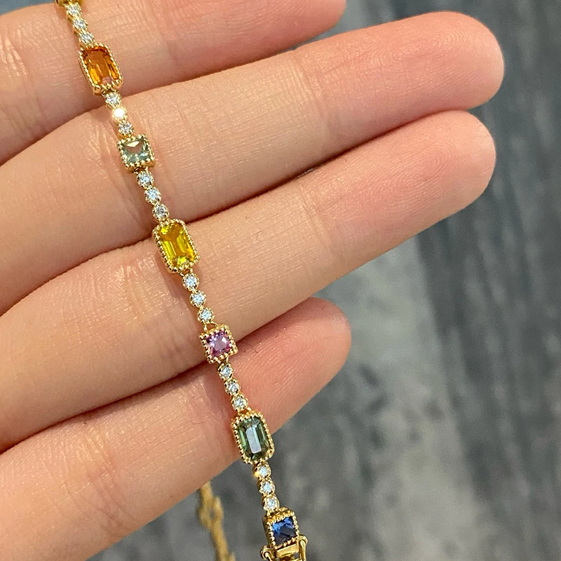 Aazuo Original 18K Yellow Gold Natrual Color Sapphire Real Diamonds Rainbow Bracelet For Woman Upscale Trendy Engagement Party view 5