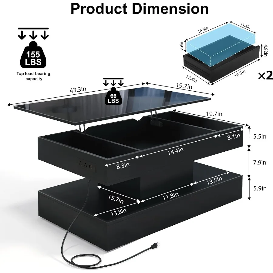 LED lift top coffee table for living room, engineered wood in black, with hidden drawers and built-in power outlet