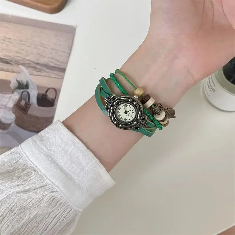 Разноцветные женские кожаные винтажные кварцевые часы-браслет, наручные часы, подарок в виде листа