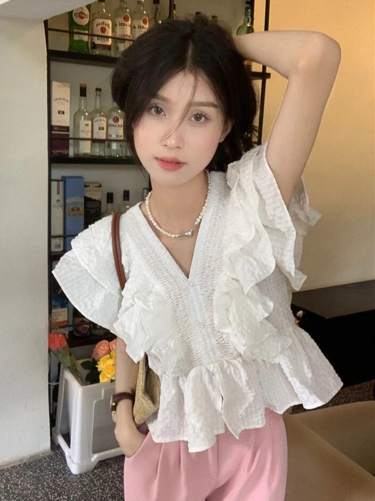 Ruffles V-neck Shirts Women Plaid Elegant Tender Chic Sweet Korean Fashion Ins Summer Minimalist Office Lady Sexy Princess Style