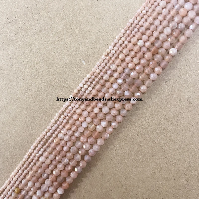 Semi-precious Stone 2 3 4MM Small Diamond Cuts Faceted Peach Sunstone Round Loose Beads 15