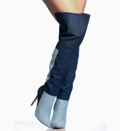 Blue Two‑Tone Denim Over The Knee Boots Women Color Block Spliced Pointed Toe Thin Heels Turn‑Down Cuff Fashion Party Long Boots view 3