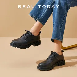 Beau Today Derby Shoes donna punta tonda Lace Up tacco quadrato in vera pelle Casual donna Oxford fatto a mano 21529