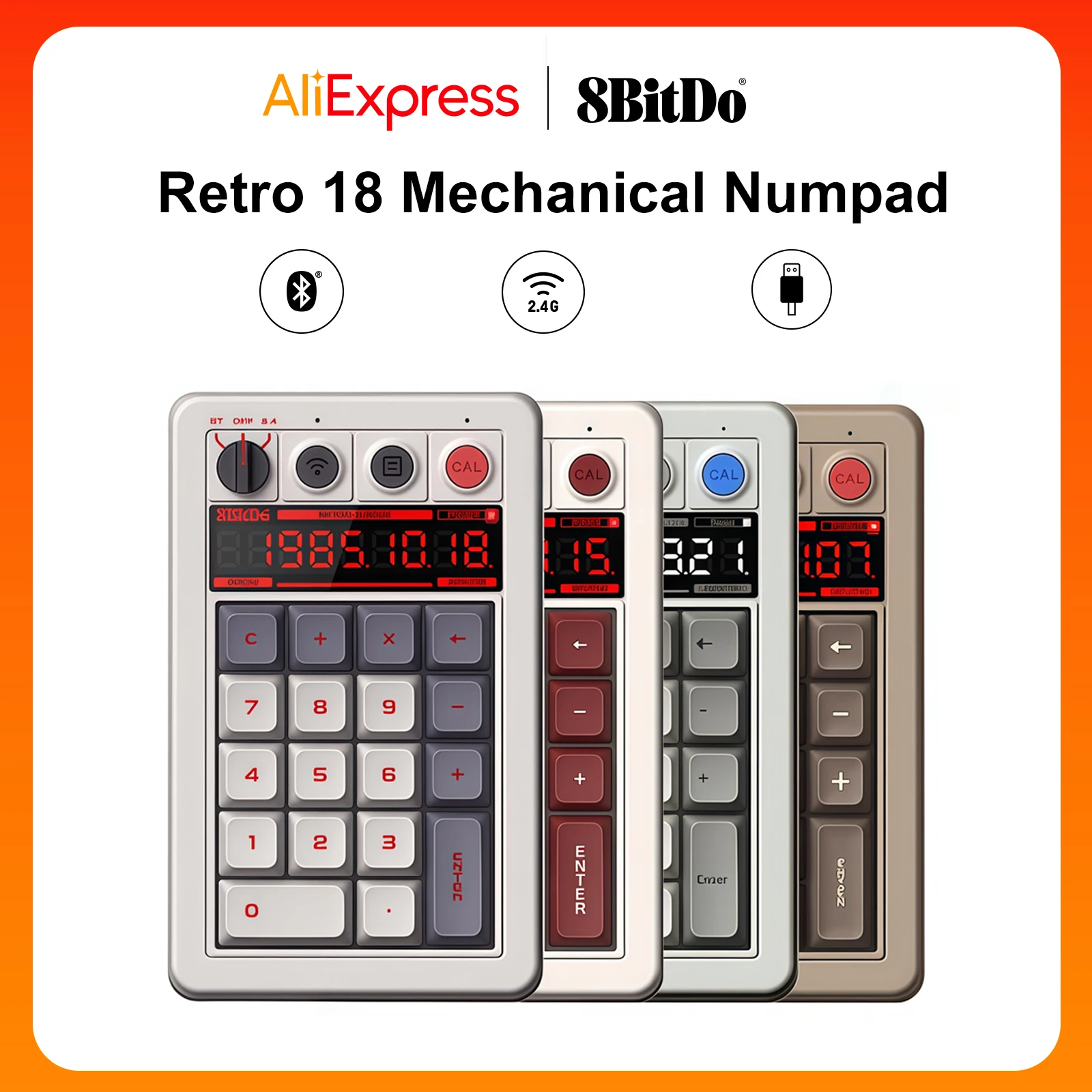 Teclado Numérico Mecánico Retro 18 de 8BitDo, Bluetooth 2.4G, Tipo-C, Cableado, Intercambiable en Caliente, Modo Calculadora, para Juegos en Windows, Android y PC