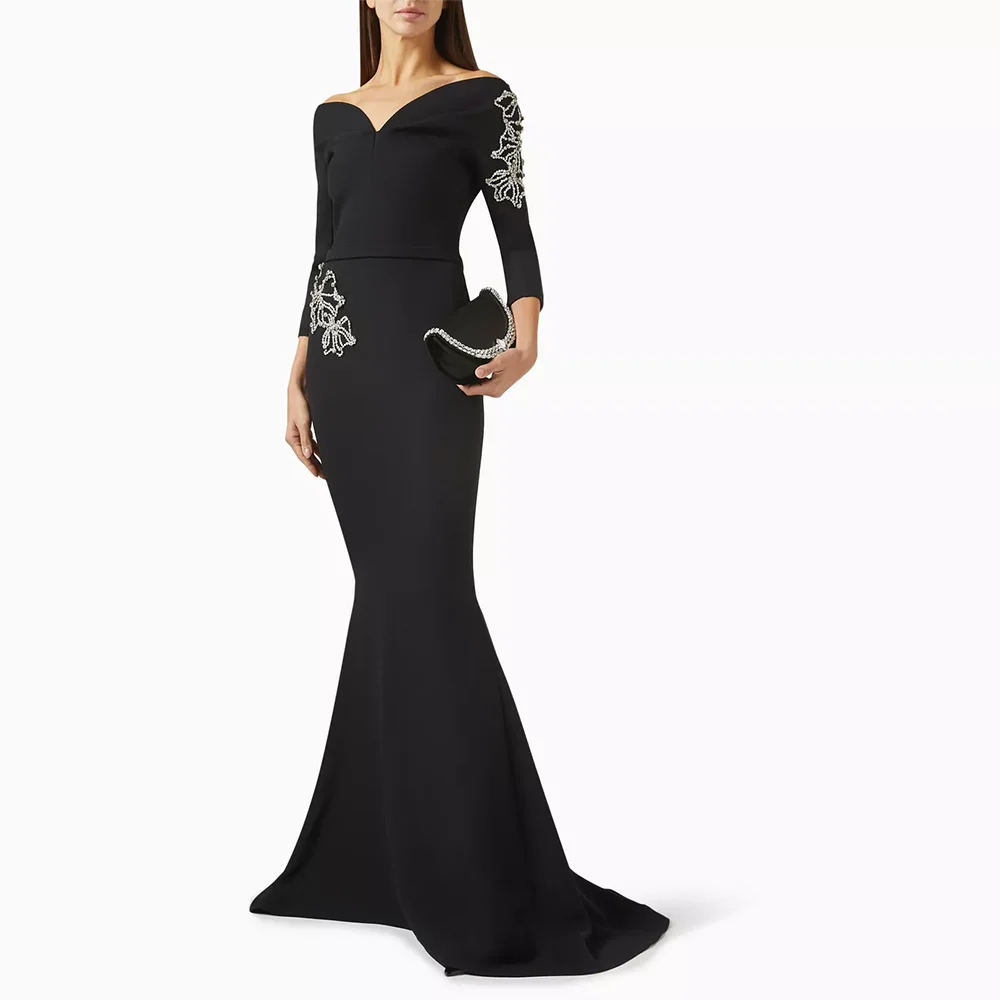 Elegante abito da sera nero con spalle scoperte in jersey maniche a 3/4 abiti da sera lunghezza pavimento abiti formali Paty personalizzati