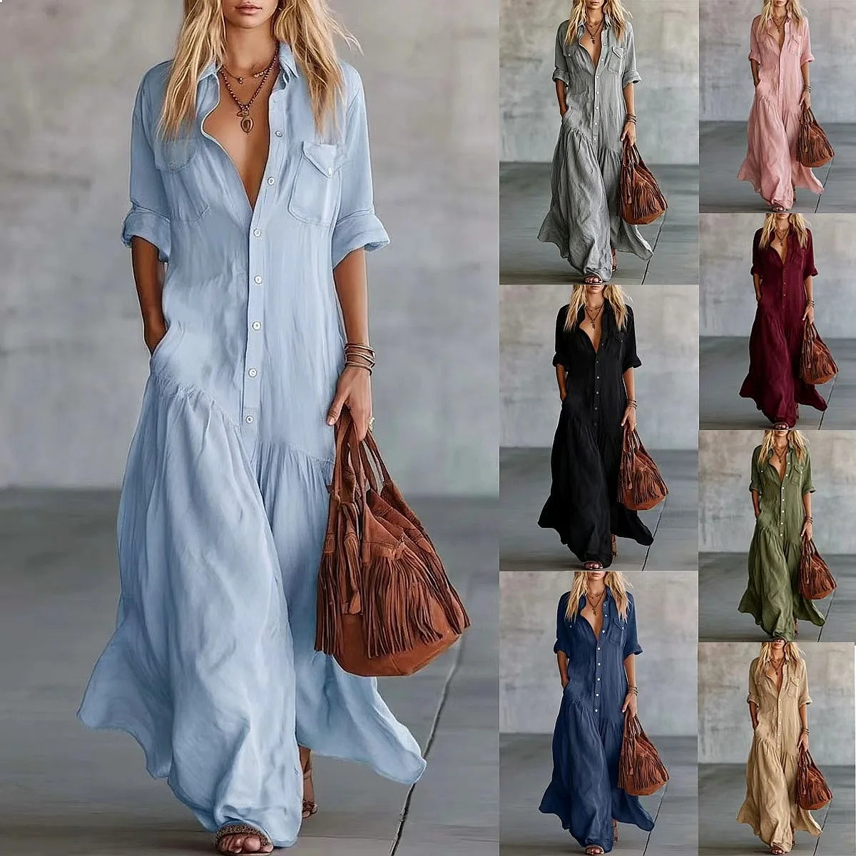 Shirt Dress with Button Front and Patch Pockets, Spring Summer Blouse Top Dresses, Matching Set