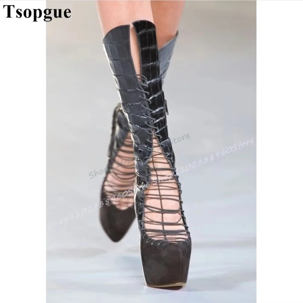 

Mid Calf Black Crocodile Skin Platform Boots Thin High Heel Women Shoes Side Zipper Pointed Toe Catwalk Party Stylish Boots