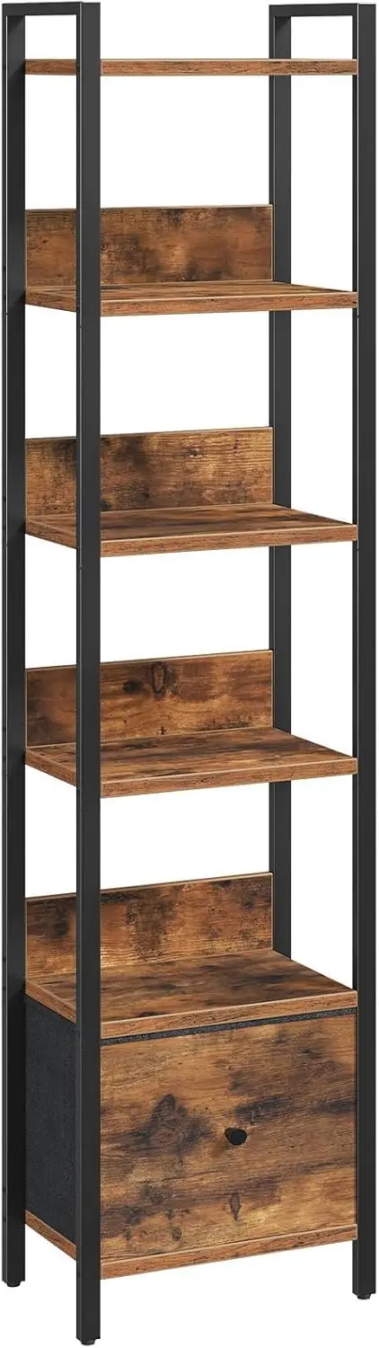 

6-Tier Bookcase with Drawer, Small Bookshelf for Living Room, Bedroom, Study, Rustic Brown Black