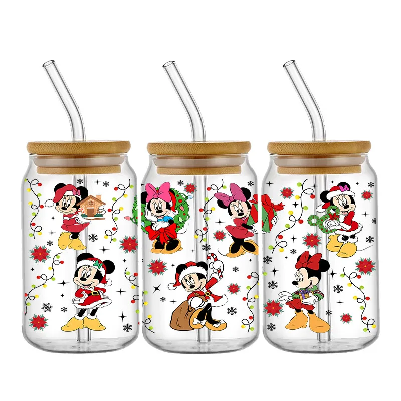 Disney Mickey Stitch Winnie UV DTF Transfer Stickers Christmas For 16OZ Glass Bottle Can Waterproof Cup Wrap Custom DIY Label