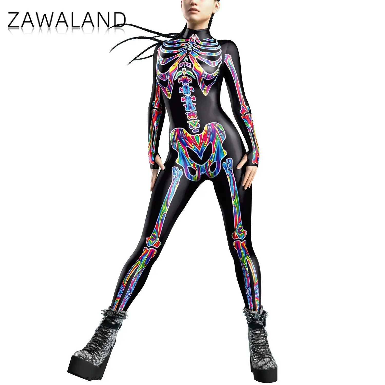 Zawaland Skeleton Catsuit for Women Scary Zentai Bodysuit Carnival Purim Party Costume Thomb Sleeve Outfit Front Zipper Clothes
