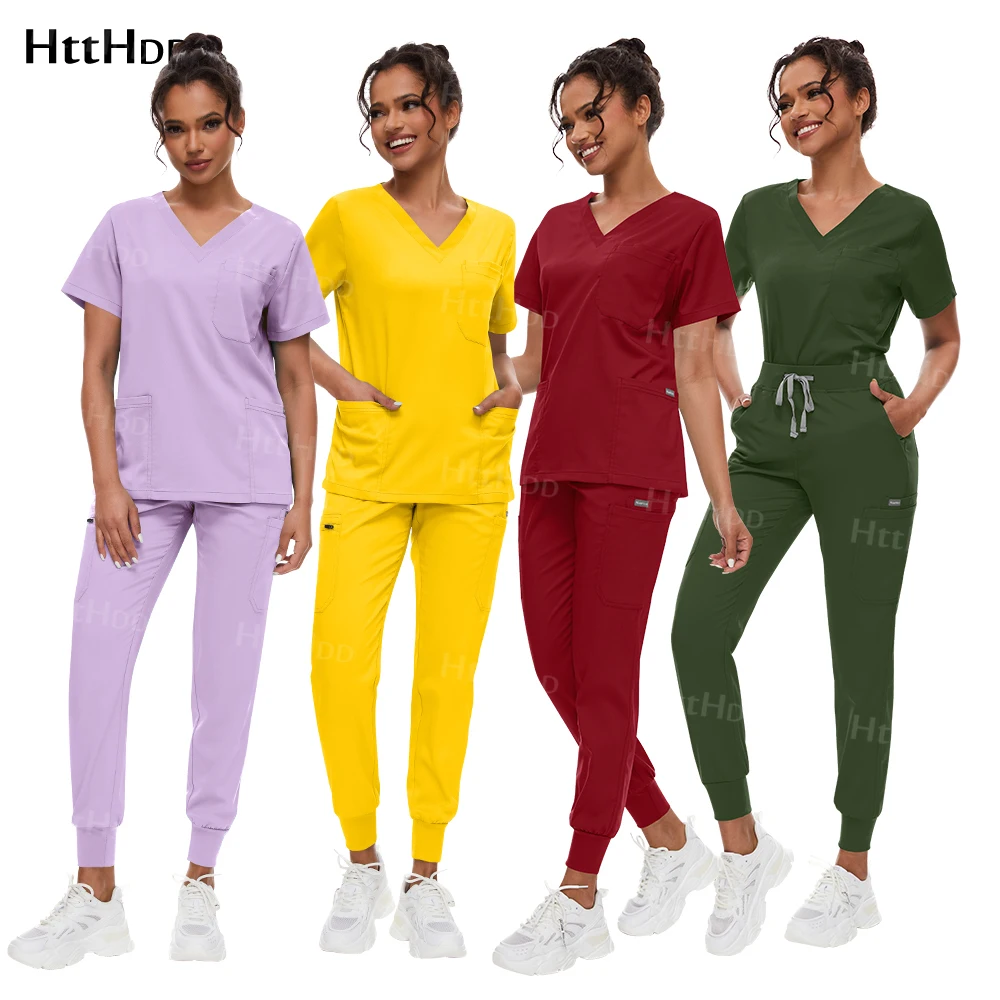 

Dental Scrub Solid Color Uniform Doctor Nurse Work Uniforms Short Sleeved Tops Jogging Pants Veterinary Pet Hospital 2-piece Set