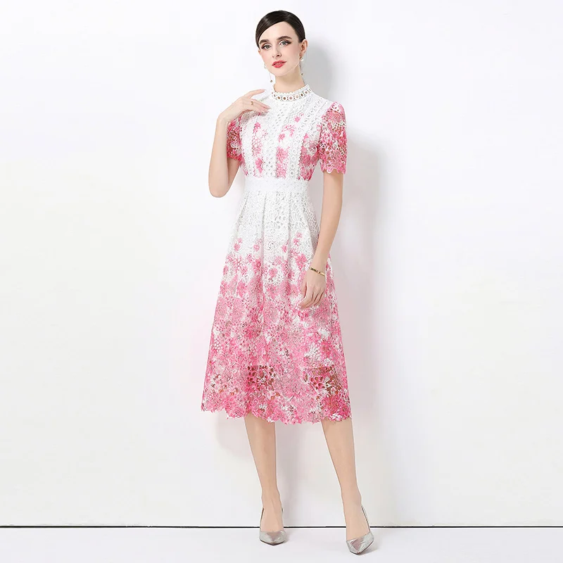 Verão retro elegante vestido feminino mangas curtas gola padrão floral decoração vestido oco rendas roupas de emagrecimento
