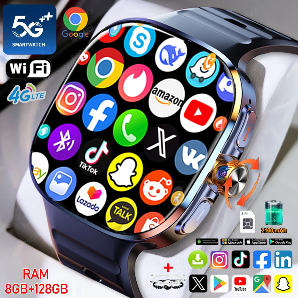 

5G/4G Full Network Smart Watch AMOLED 720*720 HD Screen 8GB+128GB RAM 2100 mAh Video Call 900W Camera GPS WIFI Google Smartwatch