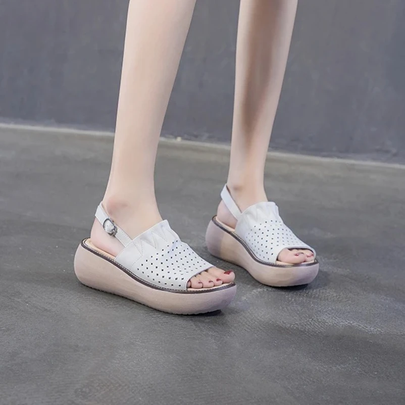 

2025 Summer Thick Bottom High Heel Flat Platform Sandals For Women Genuine Leather Fashion Wedges Peep Toe Women Sandals