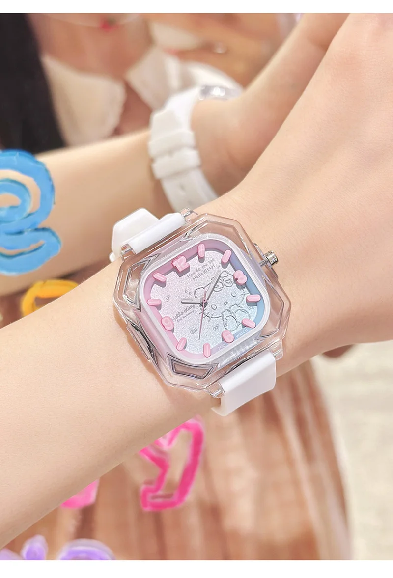 Sanrio 50th Helookitty Joint Zgo Student Watch Jelly Silicon Square Watch Waterproof Night Light Watch Birthday Gift For Women