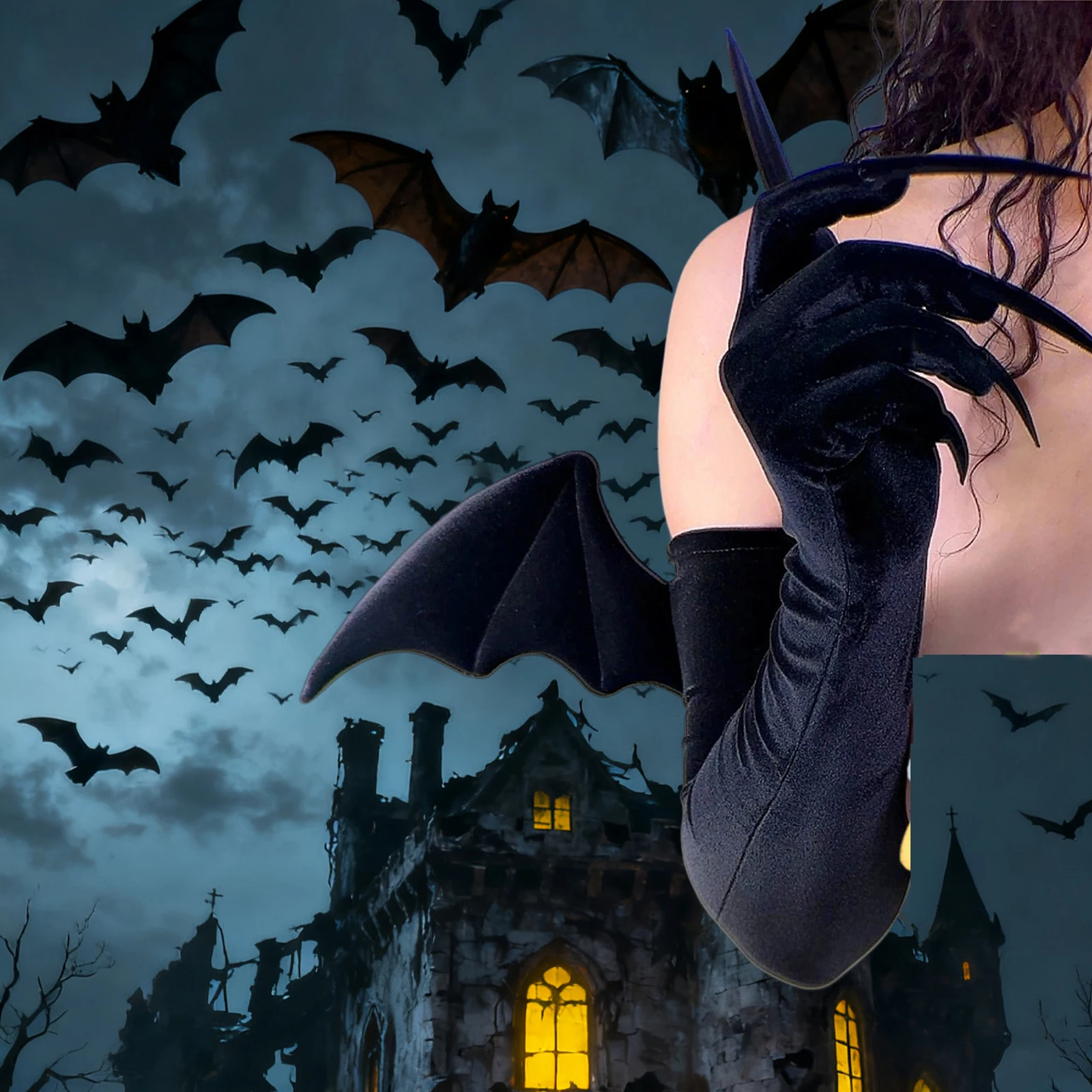BLACK Angel Wings GLOVES with LONG NAILS Stretchy Velvet 70cm Super Long Elastic Devil Cosplay Halloween Costume Glove