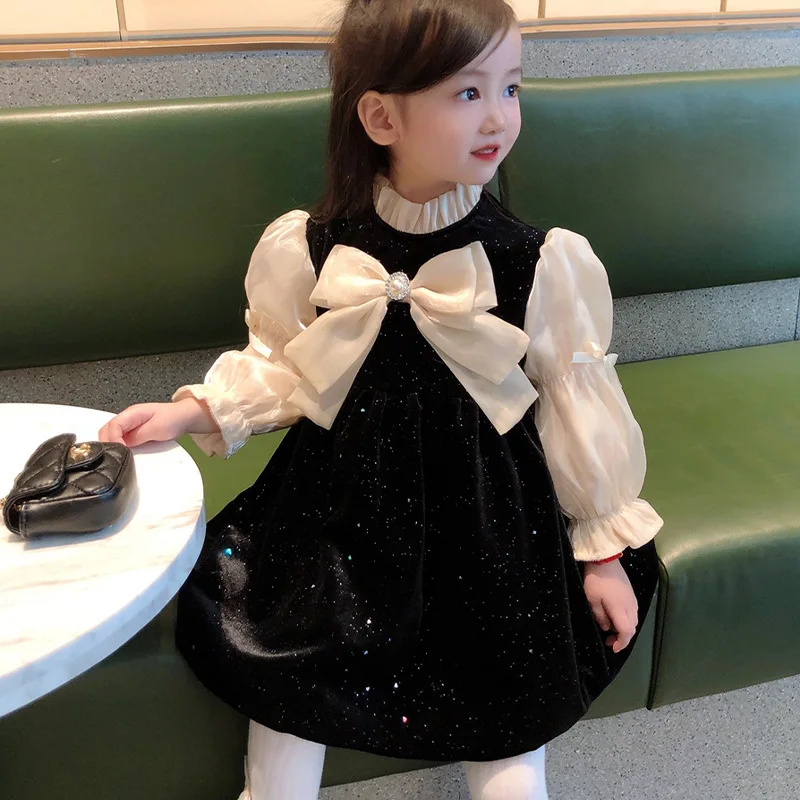 

New Children Casual and Cute Kid Girl Skirt Elegant Lined Black Dress Satin Puff Turtleneck Lantern Sleeves Ruffled Cuffs Dress