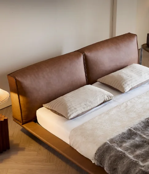 

#Reclining Double Bed Modern Retro Style High-Footed Leather And Solid Wood Twin Soft For Bedroom