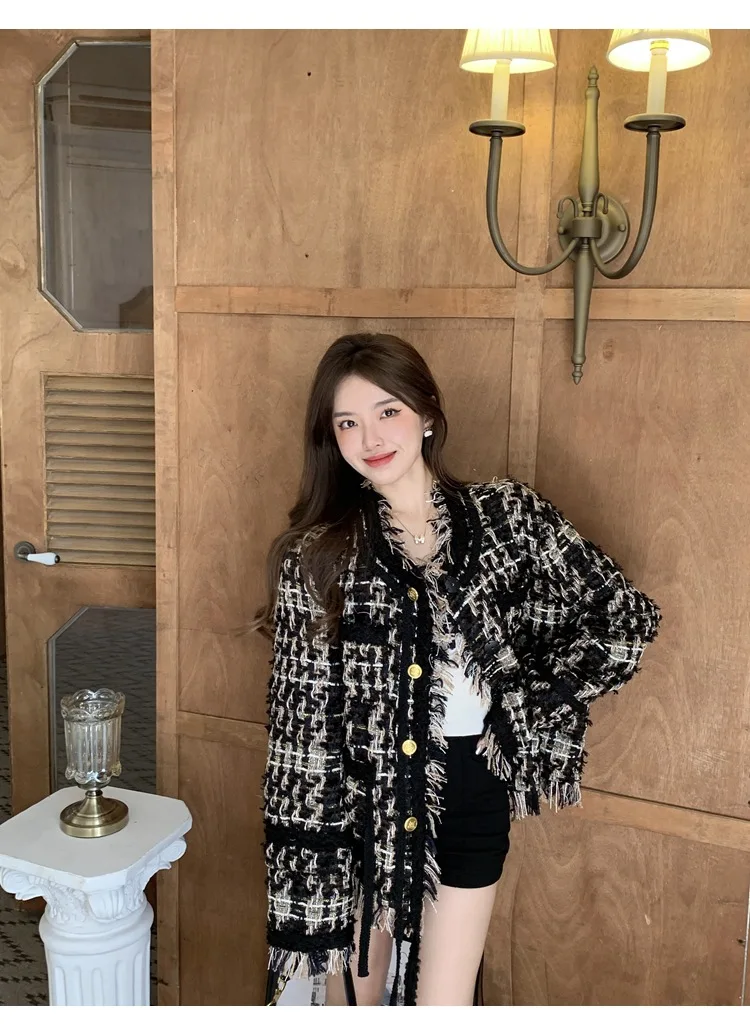 트위드 재킷 긴팔 여성 가을 다기능 캠퍼스 기본 패치 스탠드 칼라 3D 한국 스타일 보헤미안