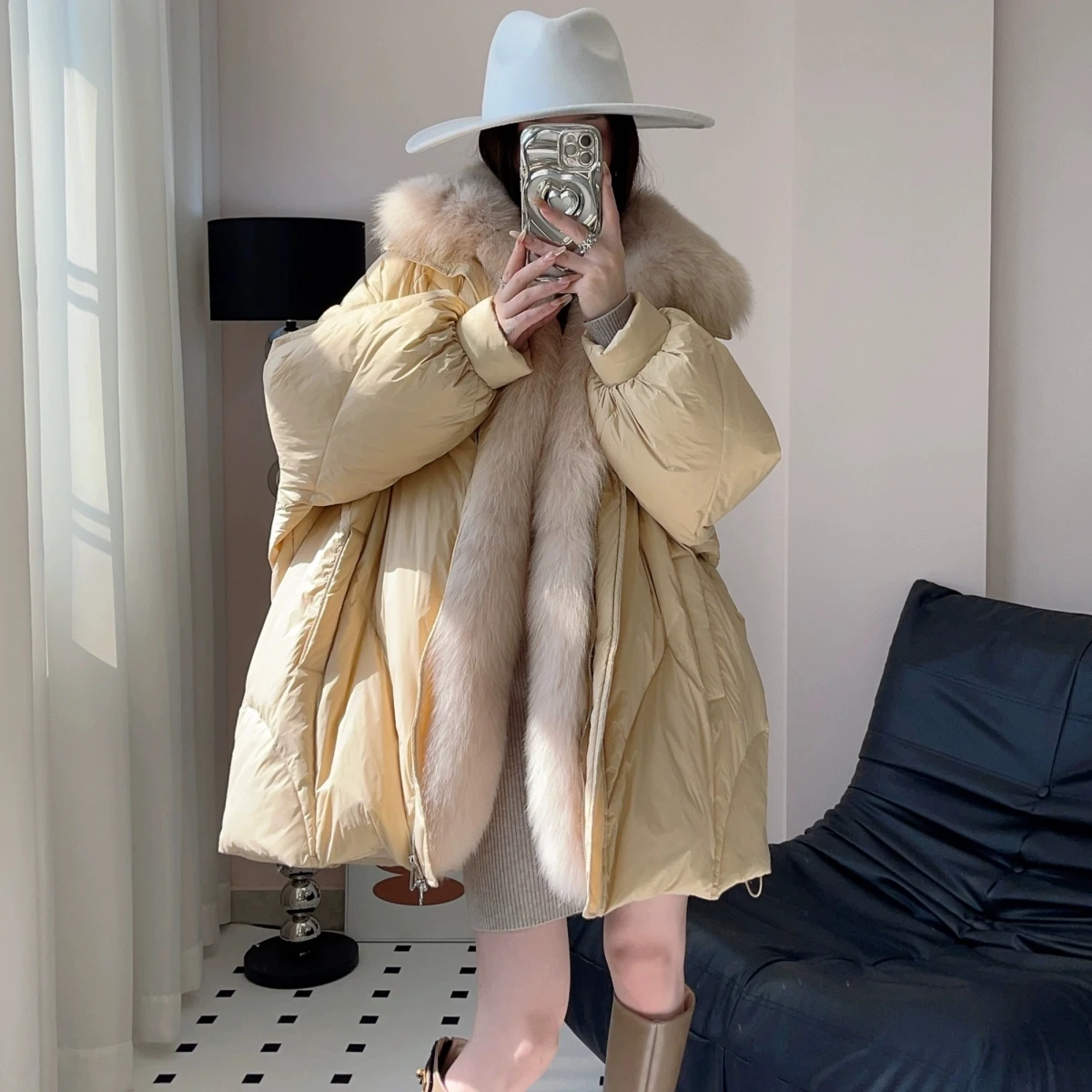 Abnehmbarer Fuchspelzkragen, lockerer Damen-Pelzmantel, 2025, Winter, neue koreanische Version, verdickte Daunenjacke, warmer Damenmantel